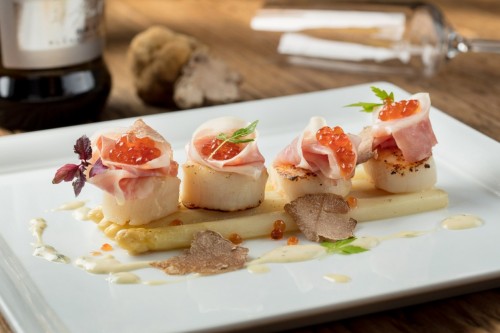 poached white asparagus, searedhokkaido scallops, guanciale cured pork ...