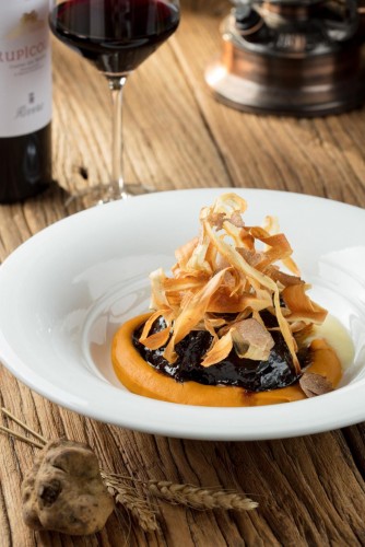 slow braised beef cheek with barolo wine, pumpkin purée and taleggio che...