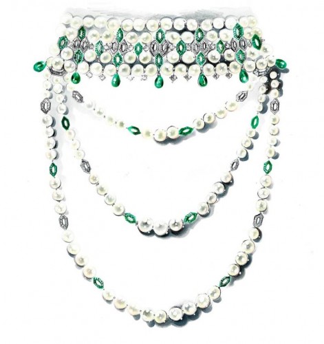 BVLGARI 高級珠寶白金頸鏈，鑲有492 顆圓頂形切割祖母綠寶石，14 顆水滴形祖母綠，長方形鑽石，圓形鑽石和「Akoya」養珠
