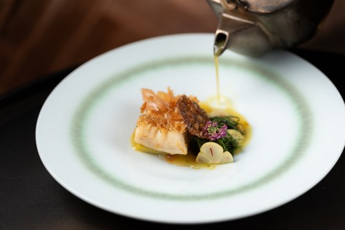 Crispy Japanese amadai fish fillet with ant eggs and youngmangosteen